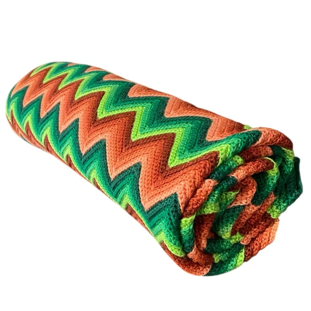 Striped Chevron Knit Throw Blanket in Green and Tan - Picture 10 of 12